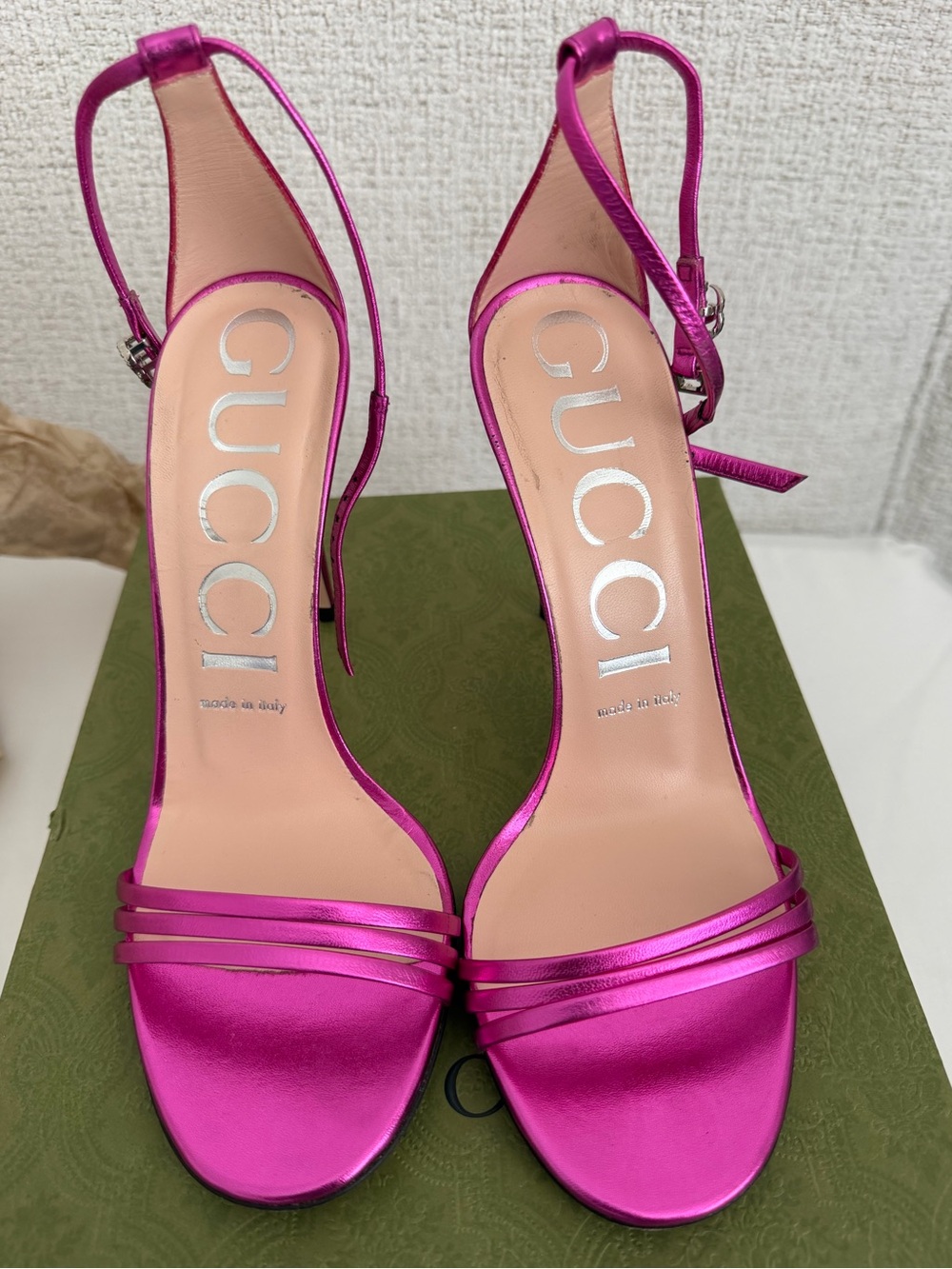 Gucci Metallic Fuchsia Ankle-Strap Stiletto Sandals